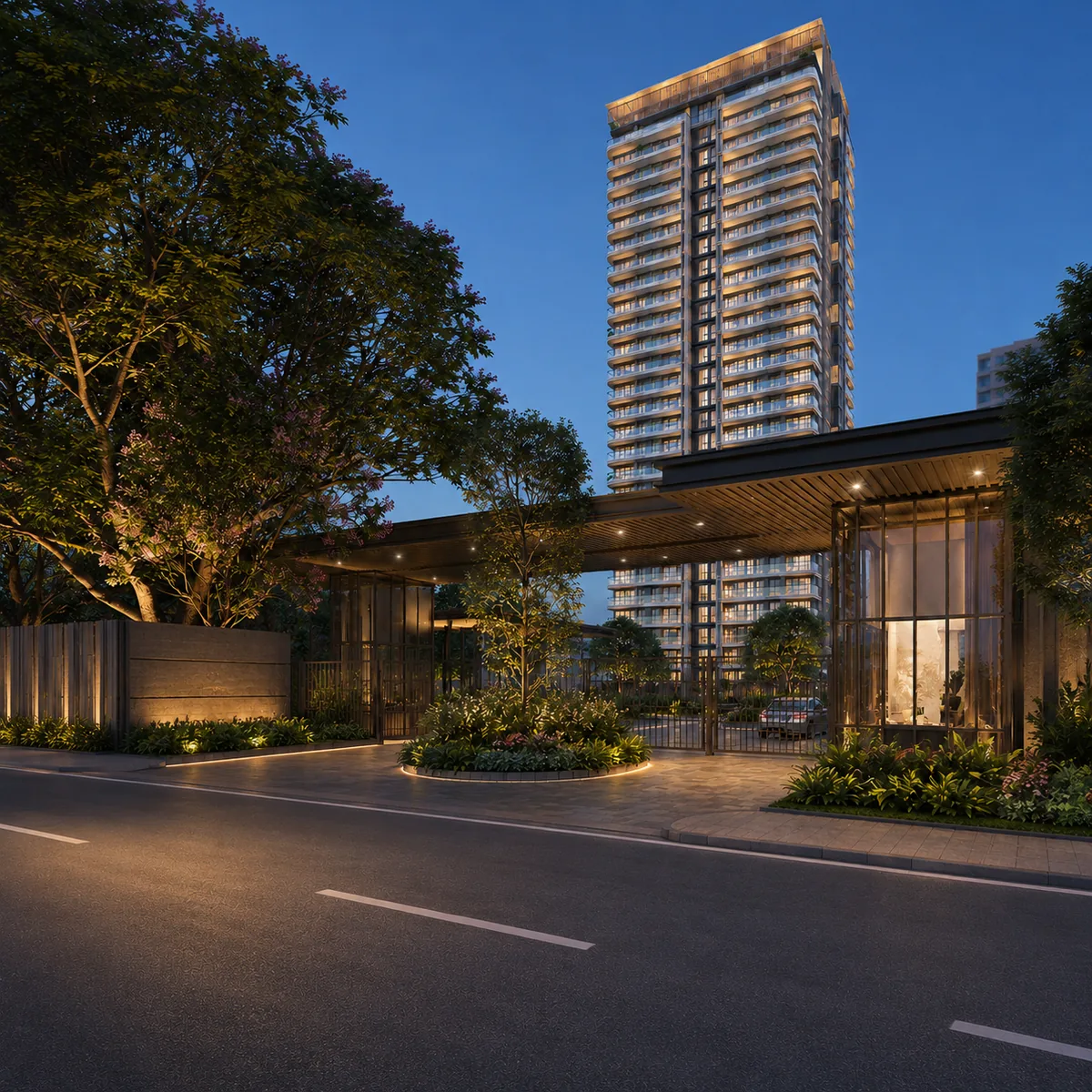Mahindra Navrat Sadahalli arrival plaza and gated entry court off Navrathna Agrahara Main Road, with a double-height entrance canopy Mahindra Navrat Sadahalli arrival plaza and gated entry court off Navrathna Agrahara Main Road, with a double-height entrance canopy